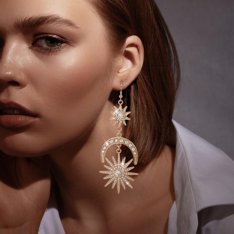 QIAN0813 Mardi Gras Gold Earrings for Women - Sun Moon Star Celestial Huggie Dangle Earrings, Hypoallergenic Greek Mythology Boho Greek Mythology Witchy Jewelry(Gold) - Image 3